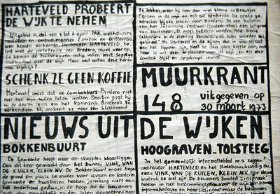 803067 Afbeelding van een fragment van Muurkrant 148 (30 maart 1973), met berichten over de wijken Lombok, Hoograven, ...